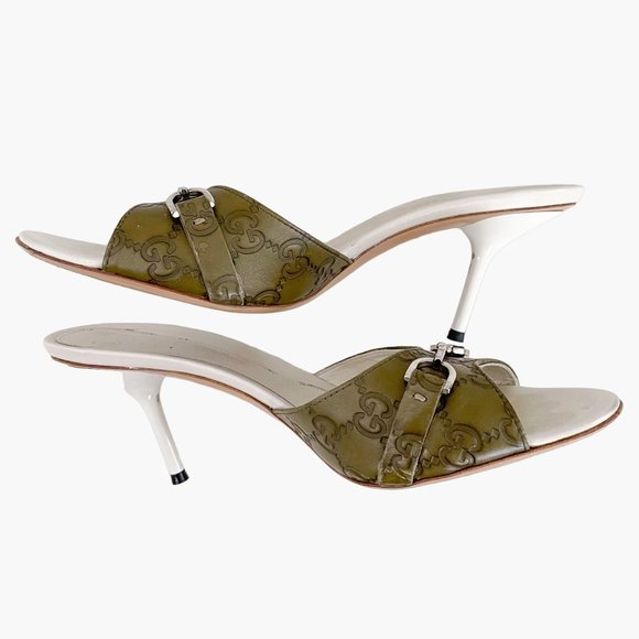 Gucci Horsebit Mules EU 39 US 9 Green GG Peep Toe Buckle High Heel Slide Sandals - Picture 9 of 12